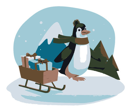 A charming illustration of a cute penguin pulling a sleigh loaded with gifts through a snowy landscape, highlighted by mountains and evergreens, perfect for holiday themes.のイラスト素材