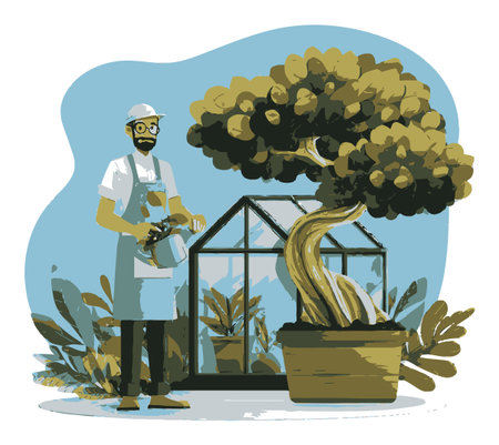 A creative vector illustration of a gardener watering a bonsai tree inside a greenhouse, showcasing the tranquility of nature and the art of horticulture.のイラスト素材