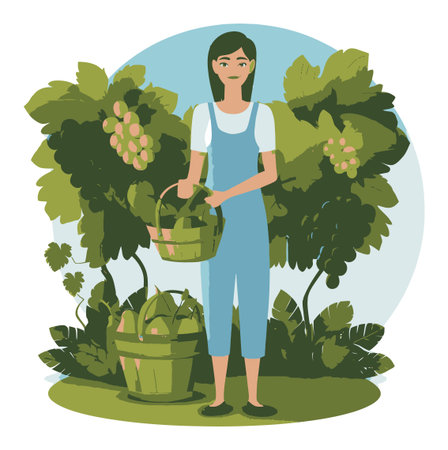 A cheerful woman collects fresh grapes in a basket amidst lush greenery, depicting a vibrant agricultural scene. Ideal for themes of harvest and nature.のイラスト素材