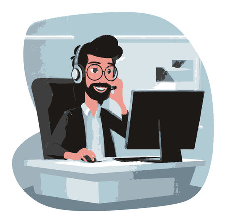 A cheerful cartoon illustration of a customer support representative at a desk, engaging with clients over a headset and computer, showcasing professionalism and teamwork.のイラスト素材