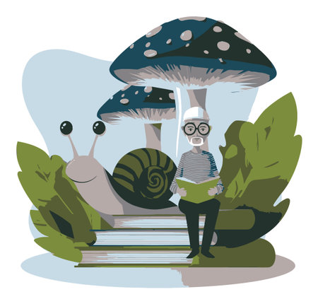 This charming vector illustration features a relaxed character reading a book beside a friendly snail and oversized mushrooms, creating a whimsical woodland scene.のイラスト素材