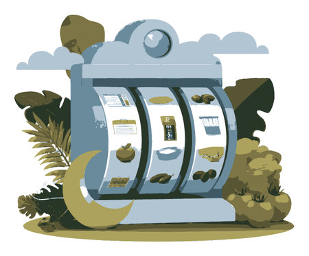 This flat vector illustration showcases a stylish retro slot machine surrounded by lush greenery. Ideal for casino-themed design projects and marketing materials.のイラスト素材