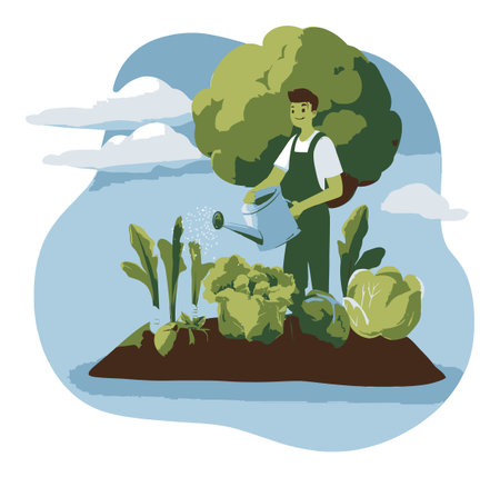 Charming flat vector illustration of a person watering a vegetable garden. Ideal for themes of gardening, sustainability, and healthy living.のイラスト素材