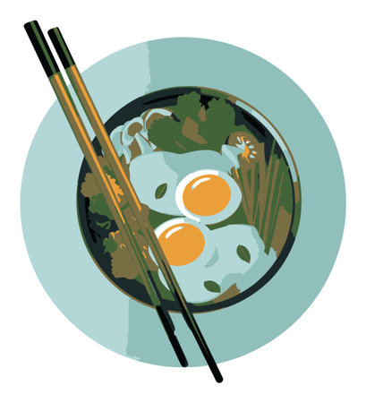 A vibrant flat vector illustration showcasing a bowl of delicious eggs and fresh ingredients, complemented by stylish chopsticks, perfect for food-related designs.のイラスト素材