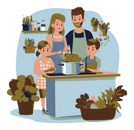 A lively illustration of a family cooking together in a kitchen, showcasing the joy of preparing healthy meals with fresh vegetables and plants.のイラスト素材