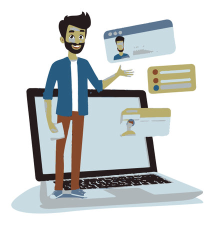 A cheerful man stands beside a laptop, illustrating social media interaction. The image presents a modern, friendly approach to digital communication and engagement.のイラスト素材