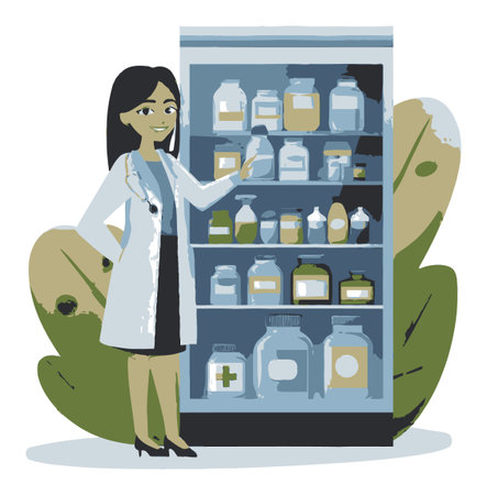 A flat vector illustration showcasing a friendly doctor standing beside a medicine cabinet filled with various jars and bottles, representing healthcare and pharmacy.のイラスト素材