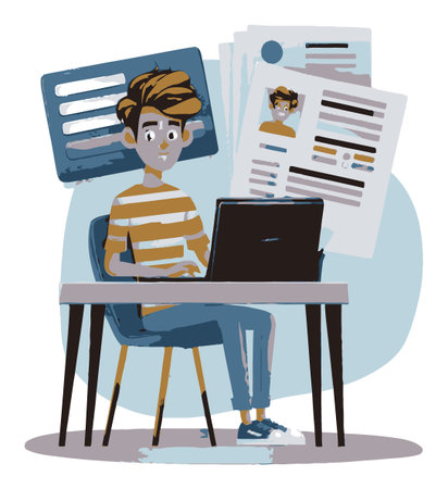 A vibrant flat vector illustration showcasing a young male character focused on his laptop with scattered documents, representing creativity and productivity in modern workspaces.のイラスト素材