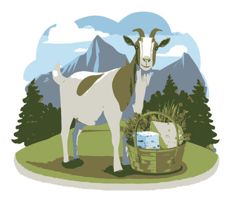 This charming flat vector illustration features a goat beside a basket of cheese and greenery, set against a scenic mountain backdrop. Perfect for food and animal-themed projects.のイラスト素材