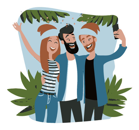 A joyful group of friends taking a selfie in a tropical setting, surrounded by lush green leaves. Captures the essence of friendship and fun in a vibrant, artistic style.のイラスト素材