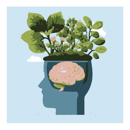 This flat vector illustration showcases a human profile with a brain and lush plants, symbolizing...