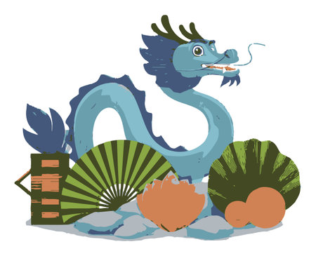 This flat vector illustration features a striking blue dragon amidst decorative fans and shells, perfect for artistic projects and fantasy themes.のイラスト素材