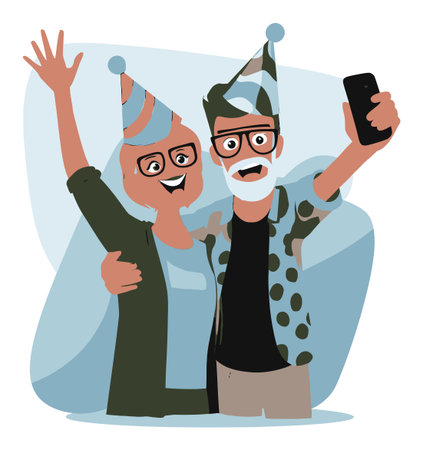 A joyful senior couple celebrates with party hats, embracing while taking a selfie. This vibrant flat vector illustration captures their happiness and strong bond.のイラスト素材