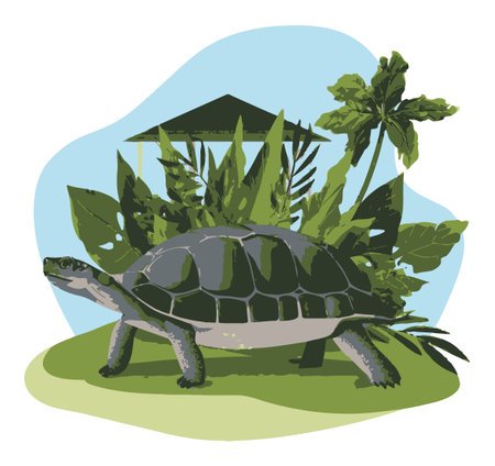 This vector illustration features a green turtle in a tropical setting with lush leaves. The design emphasizes nature's beauty and tranquility, perfect for eco-themed projects.のイラスト素材