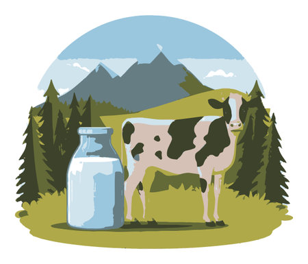 This vector illustration features a cow beside a milk bottle in a beautiful mountain landscape, perfect for agricultural and nature themes.のイラスト素材