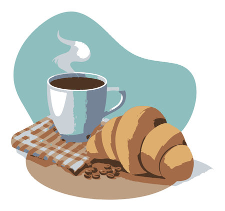 A charming flat vector illustration featuring a steaming coffee cup and a buttery croissant on a breakfast table, evoking warmth and comfort. Perfect for food enthusiasts.のイラスト素材