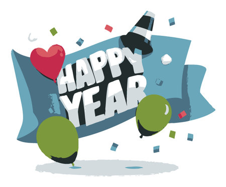 This vibrant flat vector design captures the spirit of New Year celebrations with cheerful balloons, a festive banner, and playful confetti, perfect for invitations.のイラスト素材