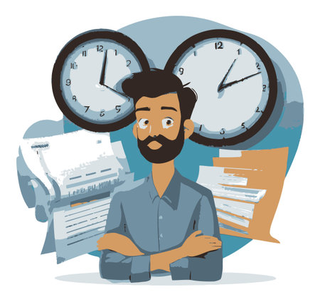 A confident man stands with arms crossed, surrounded by clocks and papers, symbolizing time management and productivity in a modern, flat vector style.のイラスト素材