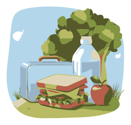 This vector illustration showcases a healthy lunch featuring a sandwich, apple, and water bottle, set against a serene outdoor backdrop, perfect for promoting nutritious eating.のイラスト素材
