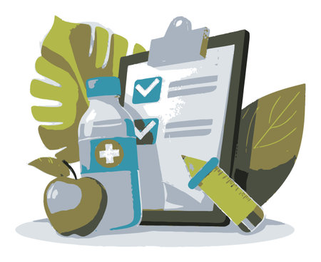 A vibrant flat vector image depicting a health and wellness checklist with a water bottle, apple, syringe, and clipboard surrounded by green leaves. Ideal for health-centered content.のイラスト素材