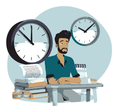 This flat vector illustration features a man at his desk, surrounded by books and clocks,...