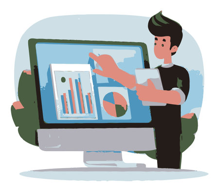 This flat vector illustration showcases a person analyzing various data charts on a computer screen, capturing the essence of modern data analysis in a professional setting.のイラスト素材
