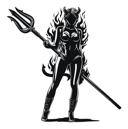 Stunning monochrome illustration of a bold demoness holding a pitchfork, surrounded by flames. Perfect for fantasy and gothic themes, showcasing strength and power.のイラスト素材