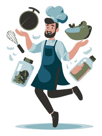 A cheerful chef character in flat vector style, surrounded by cooking utensils and ingredients, showcasing joy and creativity in food preparation. Perfect for culinary themes.のイラスト素材