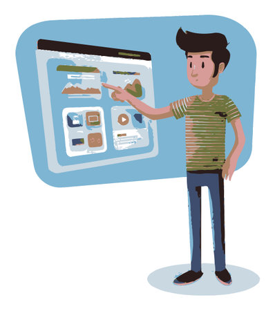 Engaging flat vector illustration featuring a young man interacting with a digital interface. Ideal for web and technology themes in design projects.のイラスト素材