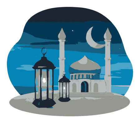 A captivating vector illustration featuring a serene mosque silhouette under a night sky. Lanterns illuminate the scene, creating a tranquil atmosphere perfect for cultural themed projects.のイラスト素材