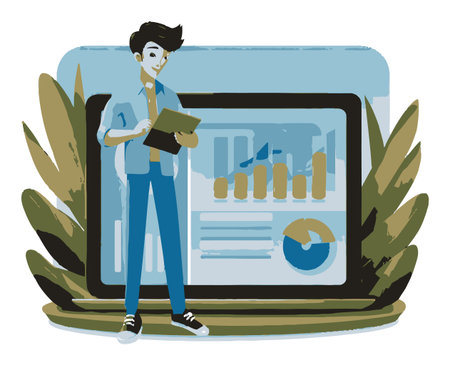 Engaging flat style illustration of a professional character using a tablet. Features analytics graphs and a modern workspace, perfect for business themes.のイラスト素材