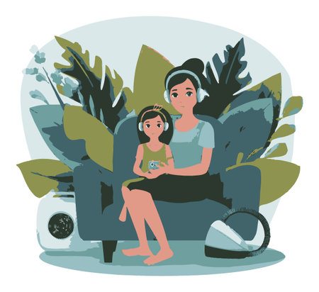 A heartwarming illustration of a mother and daughter enjoying quality time on a couch, surrounded by lush plants, showcasing a cozy family moment.のイラスト素材