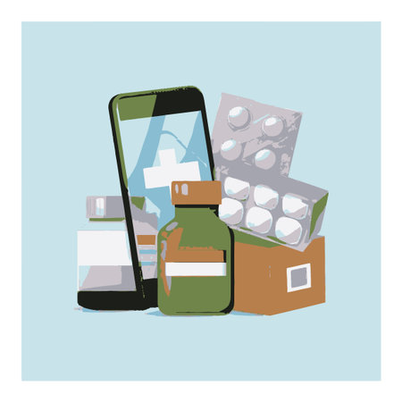 This flat vector illustration showcases various medical bottles, a smartphone, and pill packs, representing modern healthcare and pharmacy solutions in a stylish design.のイラスト素材