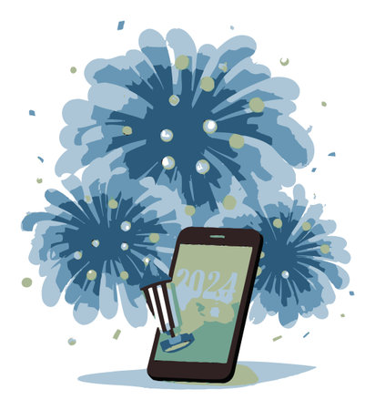 Celebrate the New Year with this vibrant vector illustration of a smartphone and colorful fireworks. Perfect for events, greetings, and festive designs.のイラスト素材