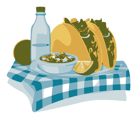 This vibrant flat vector illustration showcases delicious tacos accompanied by a bowl of salsa and a refreshing water bottle, perfect for visual appeal.のイラスト素材