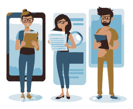 This flat design illustration features diverse individuals engaging with digital devices, showcasing modern communication and work scenarios in vibrant colors.のイラスト素材