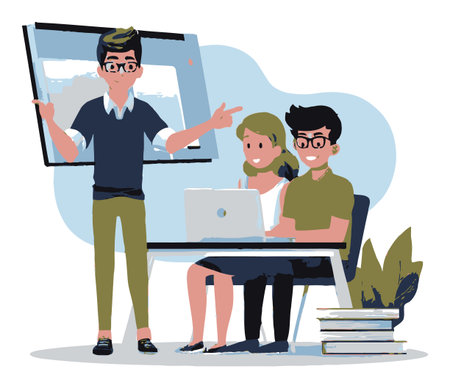 This vibrant flat vector illustration depicts a teacher engaging with students in a modern classroom setting. Perfect for education-themed projects.のイラスト素材