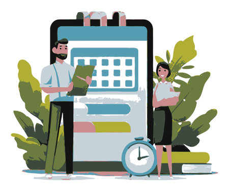 Discover a vibrant flat vector illustration depicting modern work life with characters, digital tools, and nature elements, perfect for business and teamwork themes.のイラスト素材