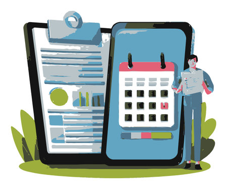 A colorful flat vector illustration showcasing a businessman with a smartphone and clipboard. The design emphasizes digital planning and scheduling in a modern workspace.のイラスト素材