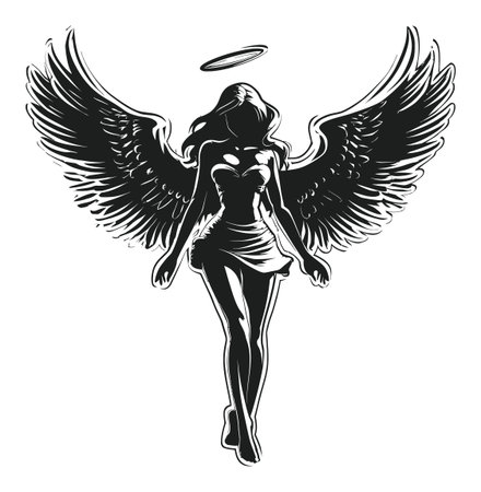Striking black and white vector illustration of a graceful angelic figure with wings and a halo. Perfect for modern design concepts and artistic projects.のイラスト素材