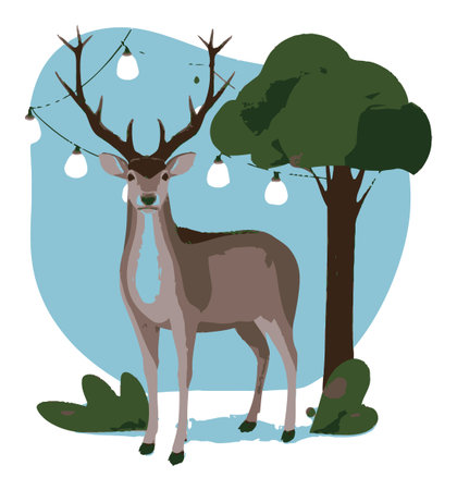 Discover a charming flat vector illustration of an elegant deer beside a tree, adorned with hanging lights. Ideal for nature-themed projects and decorative uses.のイラスト素材
