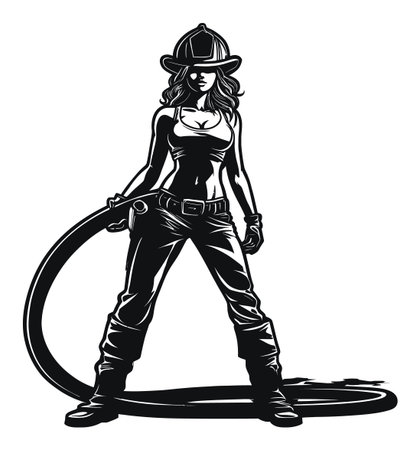 This striking black and white vector illustration features a powerful female firefighter holding a hose. Emphasizing strength and bravery, it captures the essence of heroism in emergencies.のイラスト素材