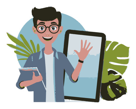 A cheerful young man waves while holding a tablet, set against a backdrop of tropical leaves in a flat vector style, showcasing a modern lifestyle and creativity.のイラスト素材