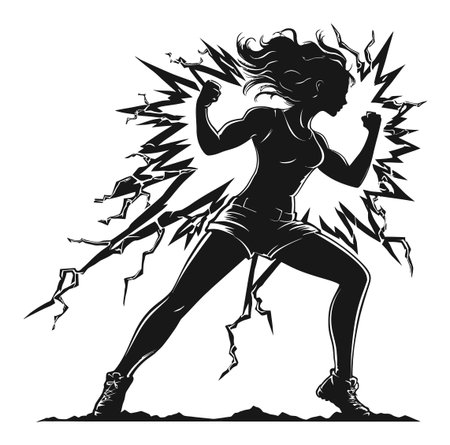 A striking silhouette of a bold woman exuding energy and strength, surrounded by dynamic motion lines, perfect for themes of empowerment and action.のイラスト素材