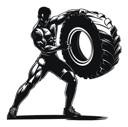 This vector artwork showcases a muscular man lifting a heavy tire, embodying strength and determination. Perfect for fitness themes and athletic promotions.のイラスト素材