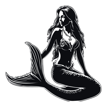 A stunning silhouette of a mermaid, perfect for digital graphics and illustrations. This elegant design captures the essence of beauty and fantasy in a striking black and white format.のイラスト素材