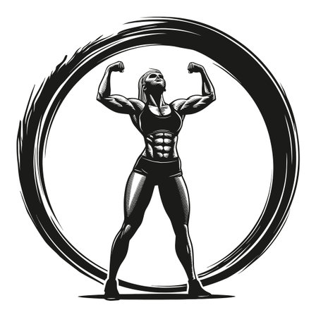 This black and white vector illustration showcases a strong athletic woman flexing her muscles, symbolizing strength, confidence, and empowerment in fitness.のイラスト素材