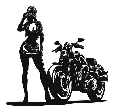 Stylish vector art depicting a confident woman with sunglasses beside a classic motorcycle. Perfect for themes of adventure, freedom, and modern design.のイラスト素材