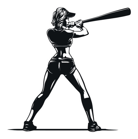 Stylish vector illustration of a female baseball player confidently swinging a bat. This dynamic silhouette captures the essence of athleticism and energy in sports.のイラスト素材