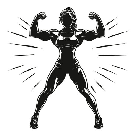 Dynamic vector illustration of a strong woman flexing her muscles, symbolizing power and determination. Ideal for fitness and empowerment themes.のイラスト素材